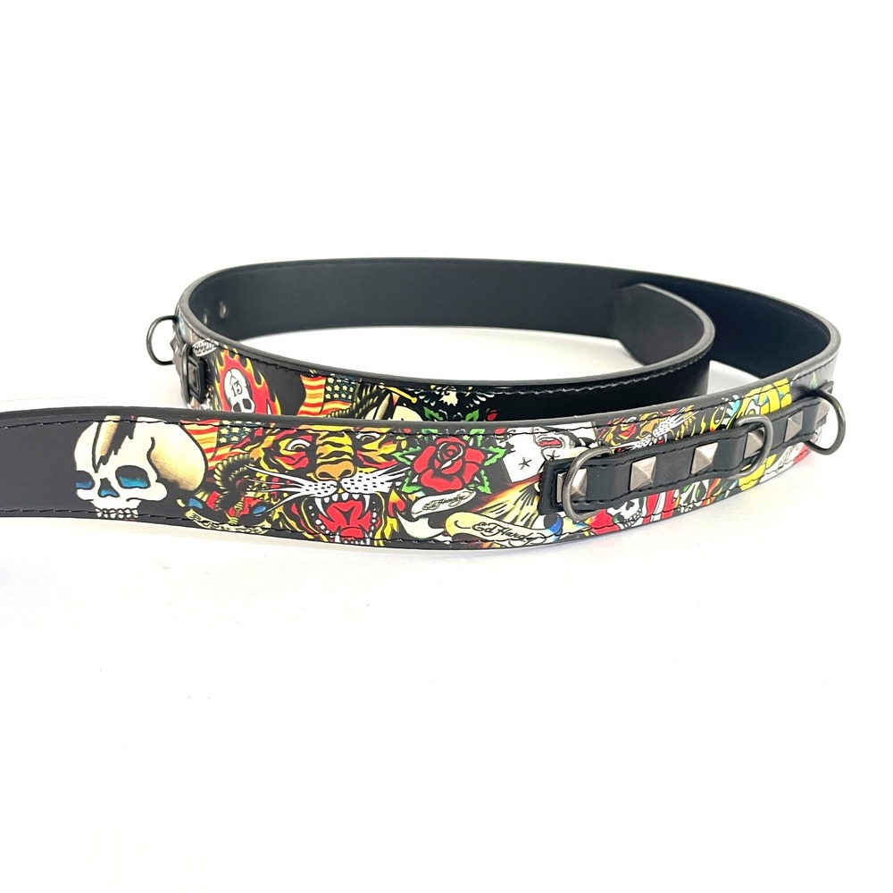 Ed Hardy Mens Belt 42 Black Bonded Leather Tattoo Print Studs